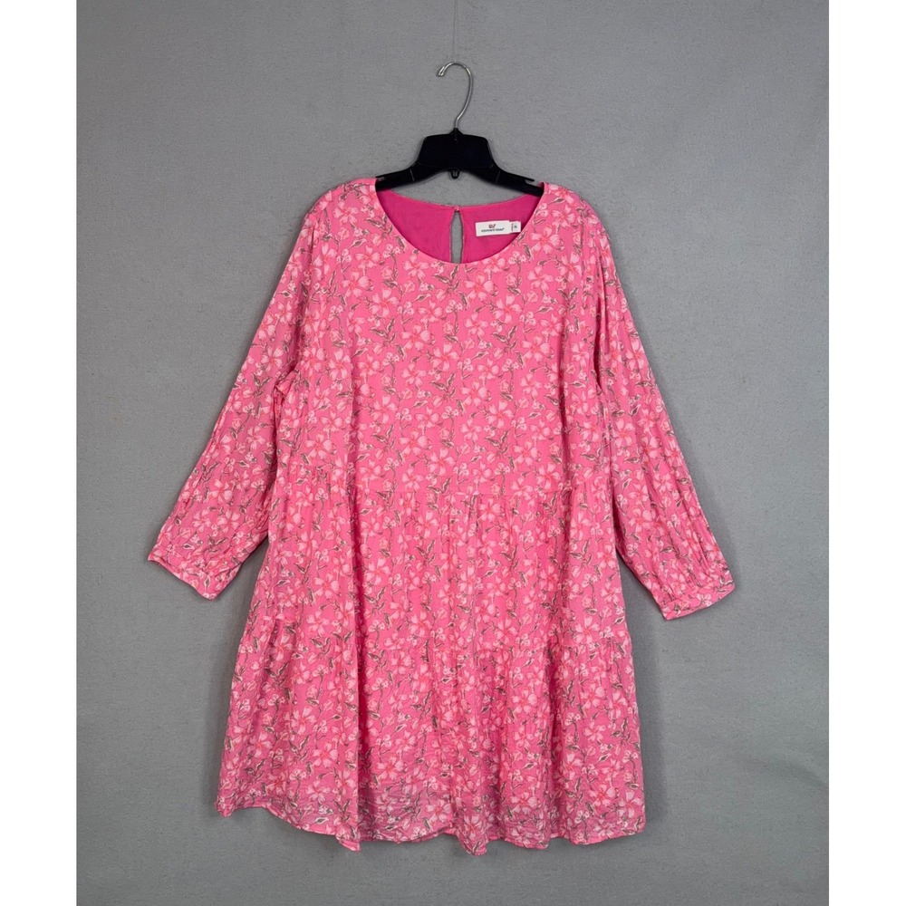 Vineyard Vines Dress Womens XXL Pink Floral Tiered Shift 3/4 Sleeve Preppy Boho